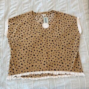 Umgee Leopard Print Oversized Fringe Short Sleeve Blouse XL NWT